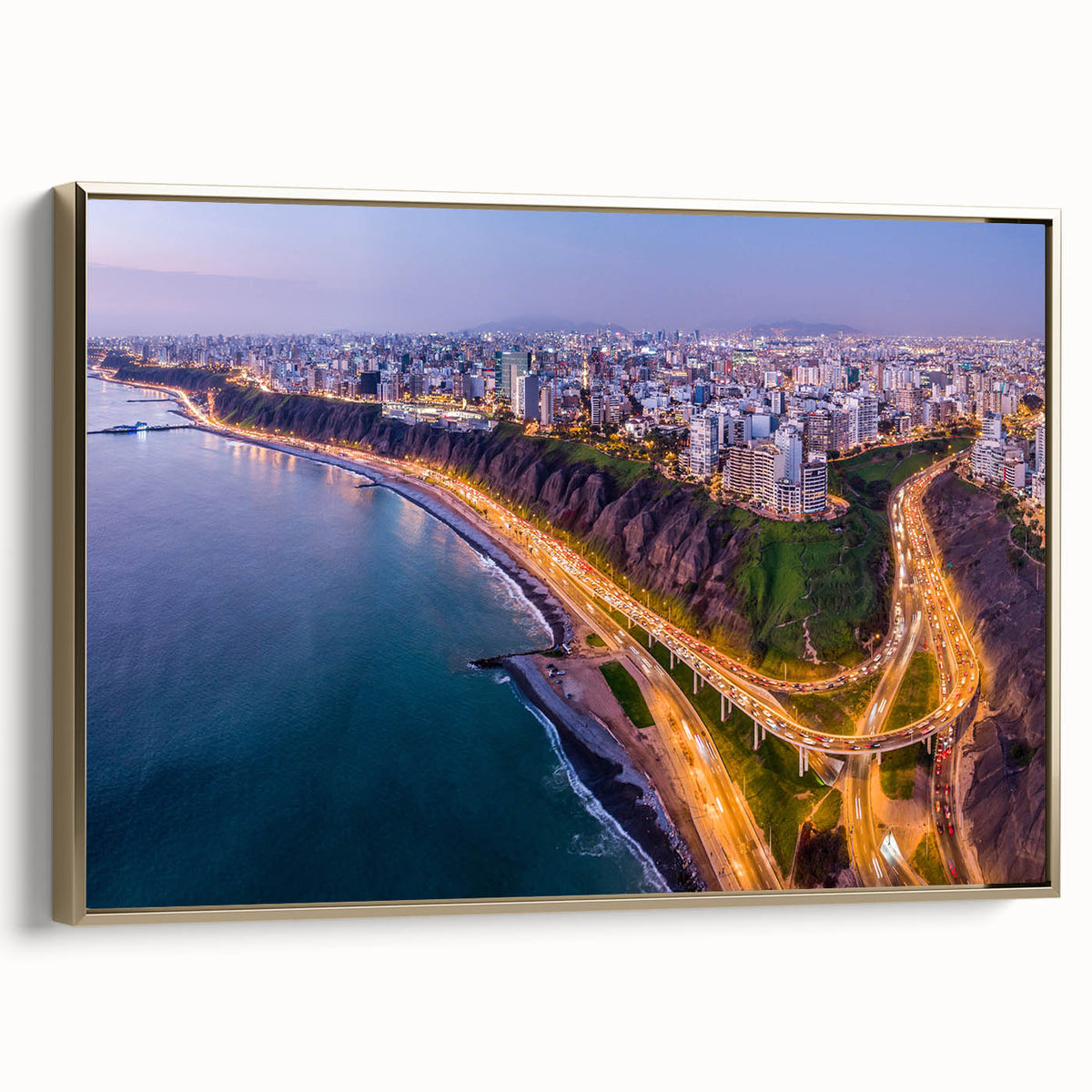 Framed canvas wall art featuring a vintage-style landscape painting of a Peruvian scenery in muted earth tones.