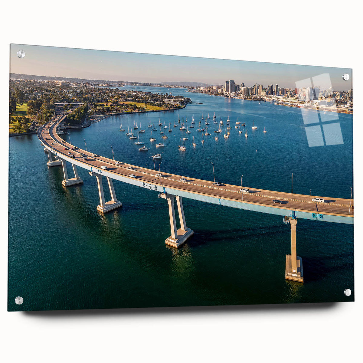 Large abstract wall art of Coronado, California in vibrant blue tones on acrylic glass.