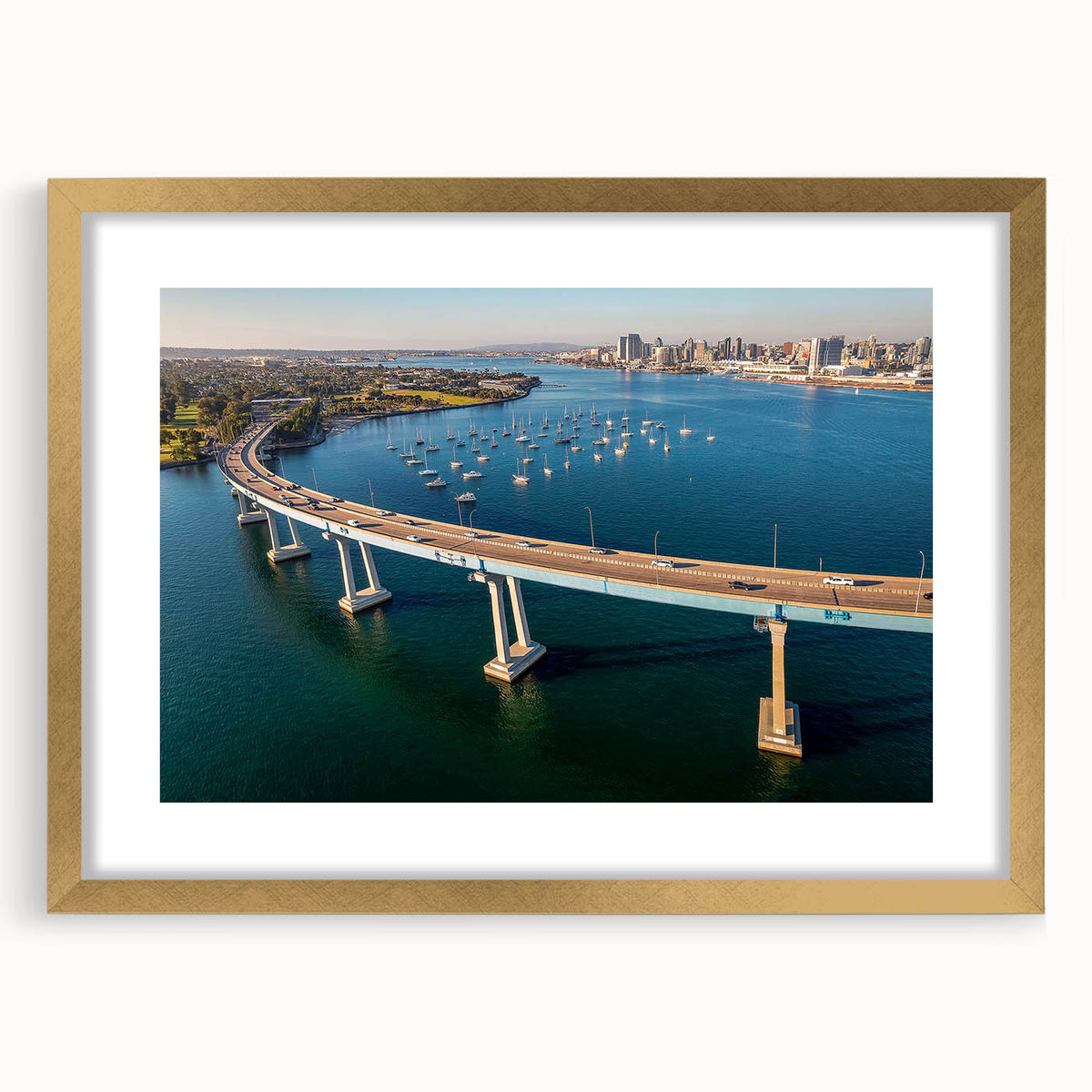 Extra large abstract art print of a textured California scenery in muted earth tones, framed in gold.
