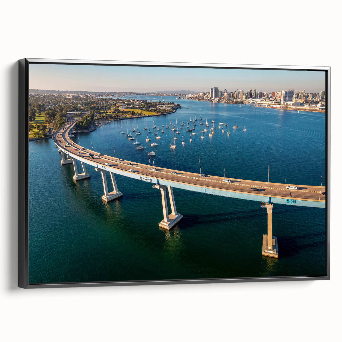 Black and white framed canvas of Coronado, California landscape, suitable for bedroom wall art in vintage poster style.