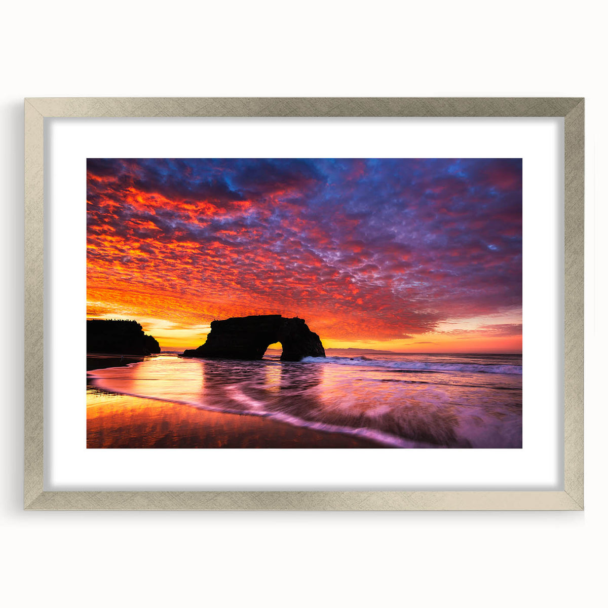 Textured abstract art print of Santa Cruz landscape in muted earth tones on a framed canvas, suitable for bedroom art.