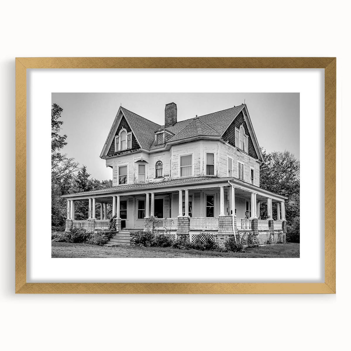 Extra large abstract art print of a textured Connecticut scenery in muted earth tones, framed in gold.