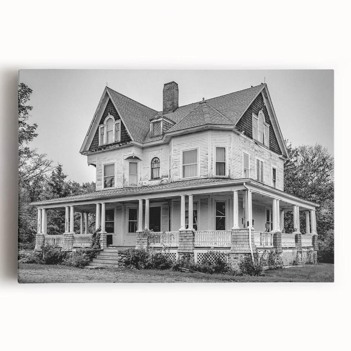 Black and white stretched canvas depicting a serene Connecticut landscape, suitable as large kitchen art.