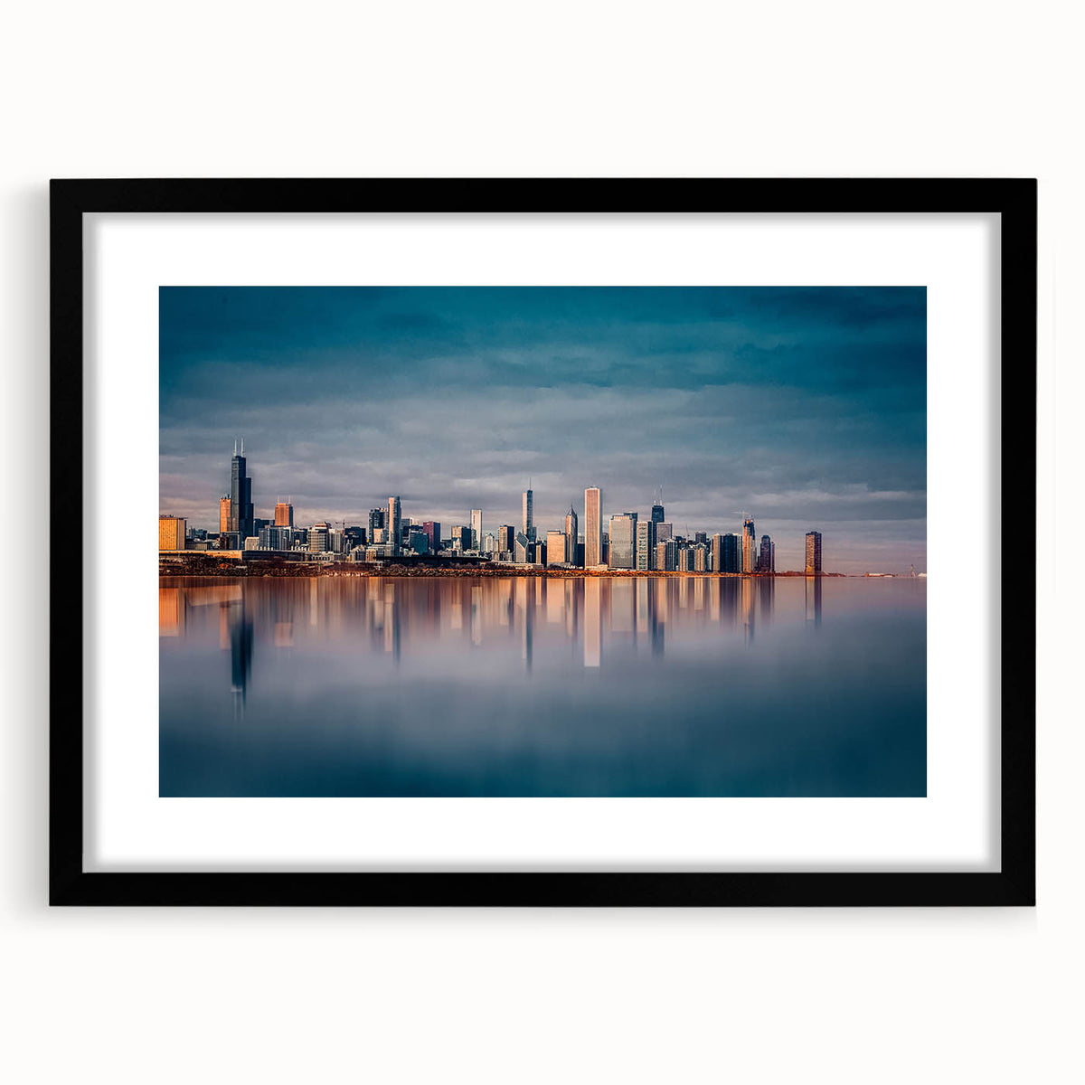 Extra large abstract art print of Chicago skyline in vibrant, colorful hues on a textured canvas.