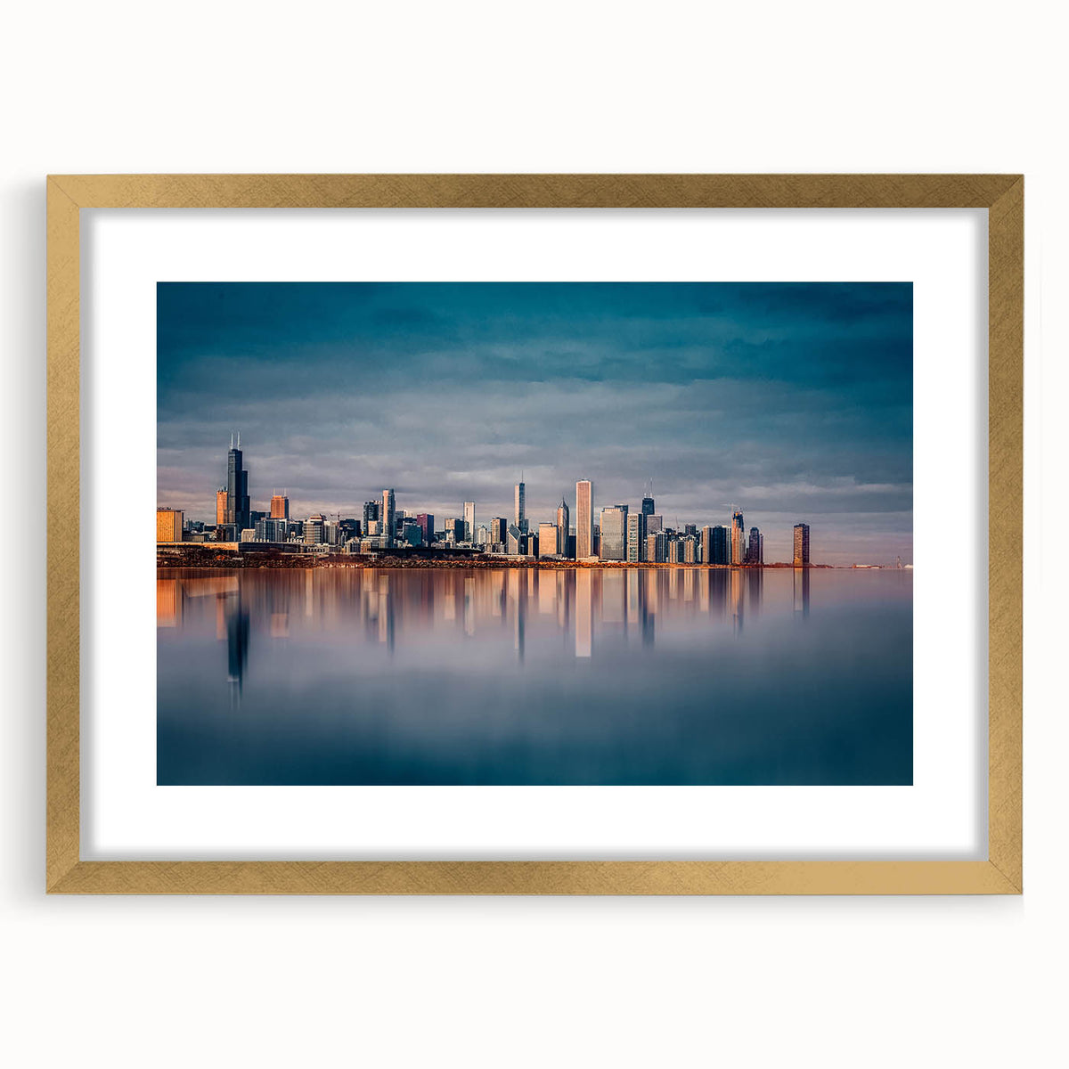 Extra large abstract art print of Chicago skyline in muted gray and gold tones on a framed canvas.