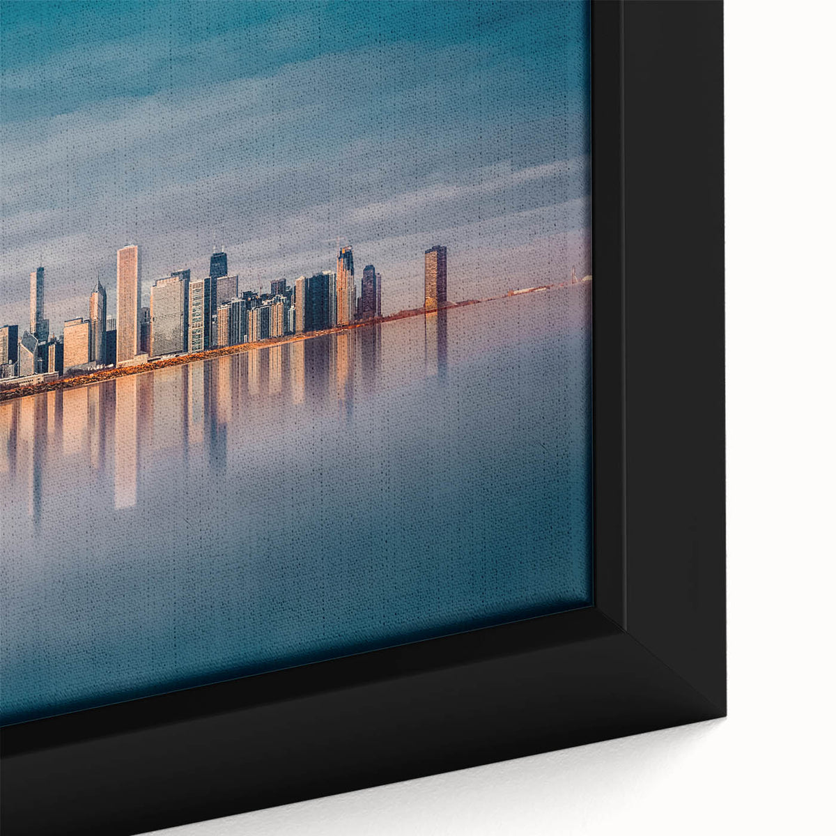 Black wall art featuring a textured Chicago skyline in vibrant colors on a large framed canvas.