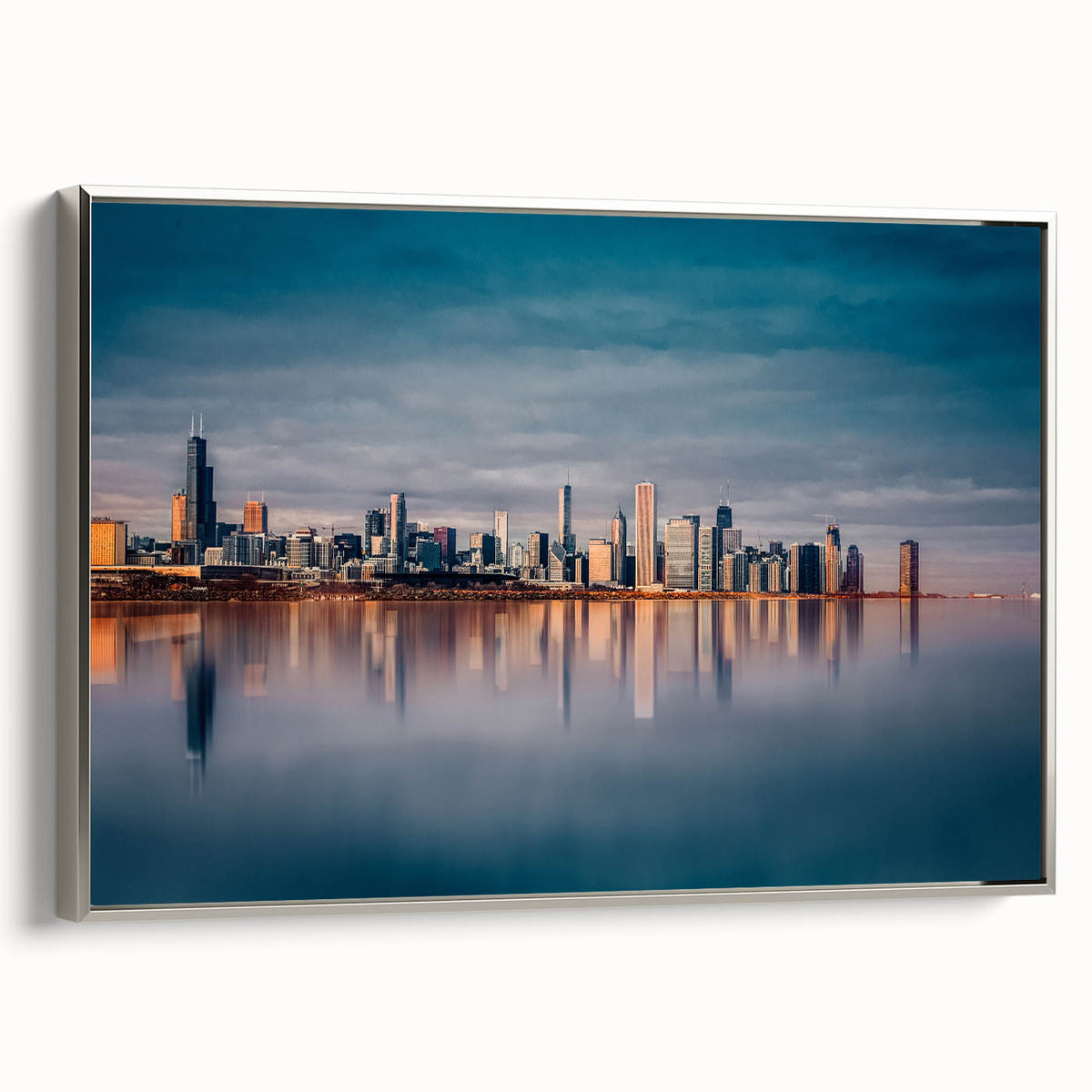 Framed canvas of a vintage Chicago skyline in muted black with colorful accents, ideal for office decor.