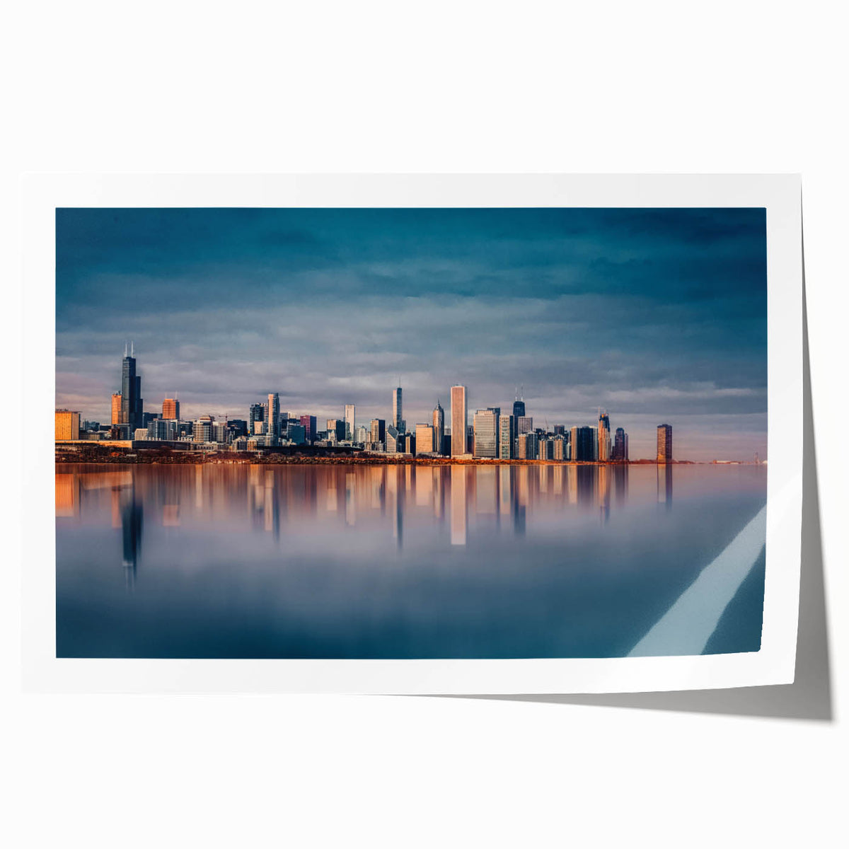 Rolled print of Chicago skyline in muted gray and blue tones, ideal for art wall dining room.