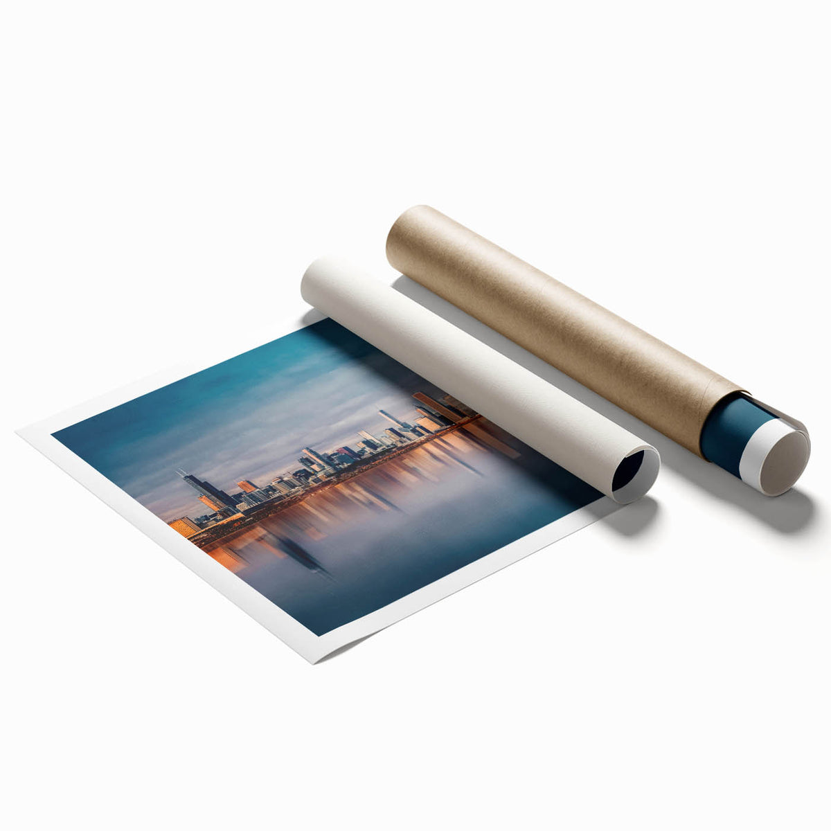Extra large rolled print of a Chicago skyline with muted blue and gray tones, ideal for classy bathroom wall art.