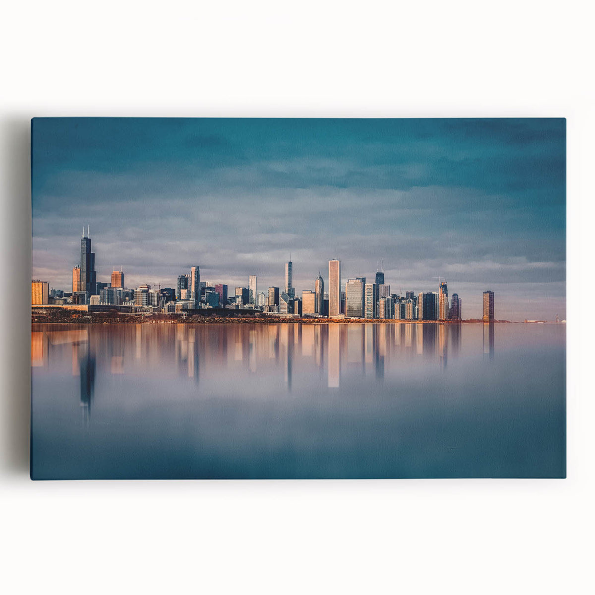 Black and white large art print of Chicago skyline on stretched canvas, suitable for kitchen wall art.