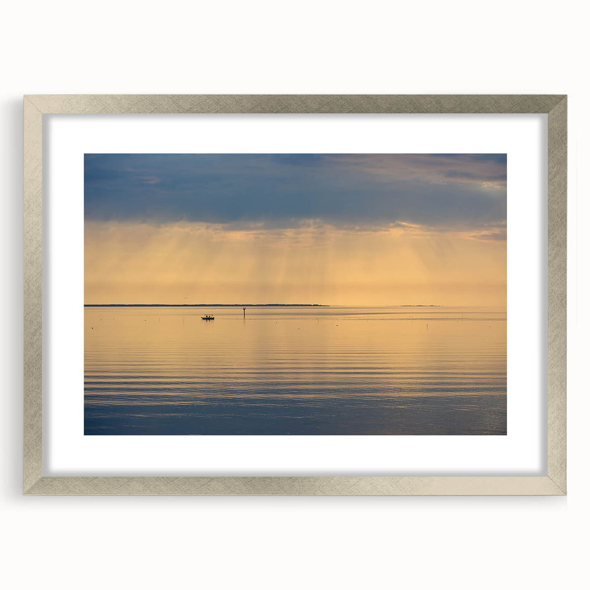 Extra large abstract art print of Annapolis scenery in textured shades of blue and gray, framed in silver.