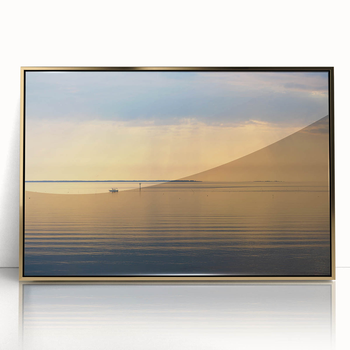 Framed acrylic print of Annapolis skyline in muted gold and blue tones, suitable for modern art wall decor.