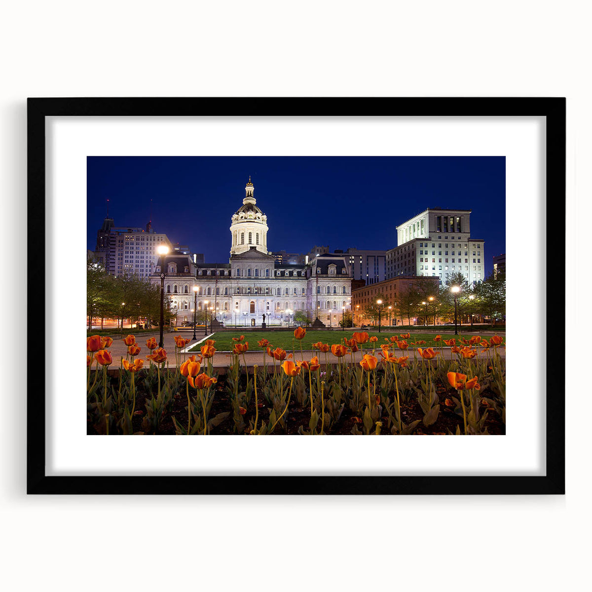 Colorful abstract art print of Baltimore skyline in vibrant hues on large textured canvas, ideal for living room decor.