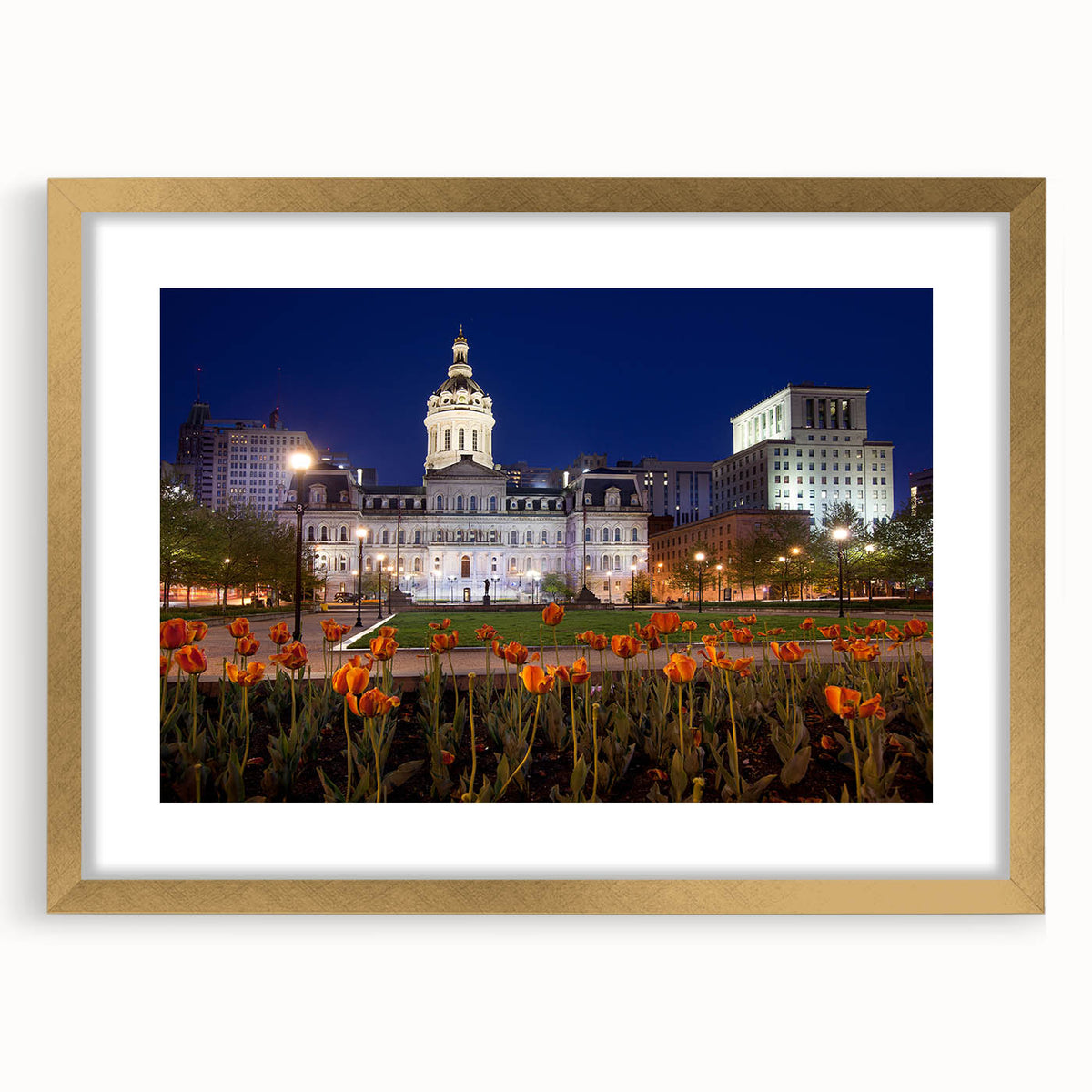 Extra large abstract art print of Baltimore skyline in textured gold frame, ideal for living room decor.