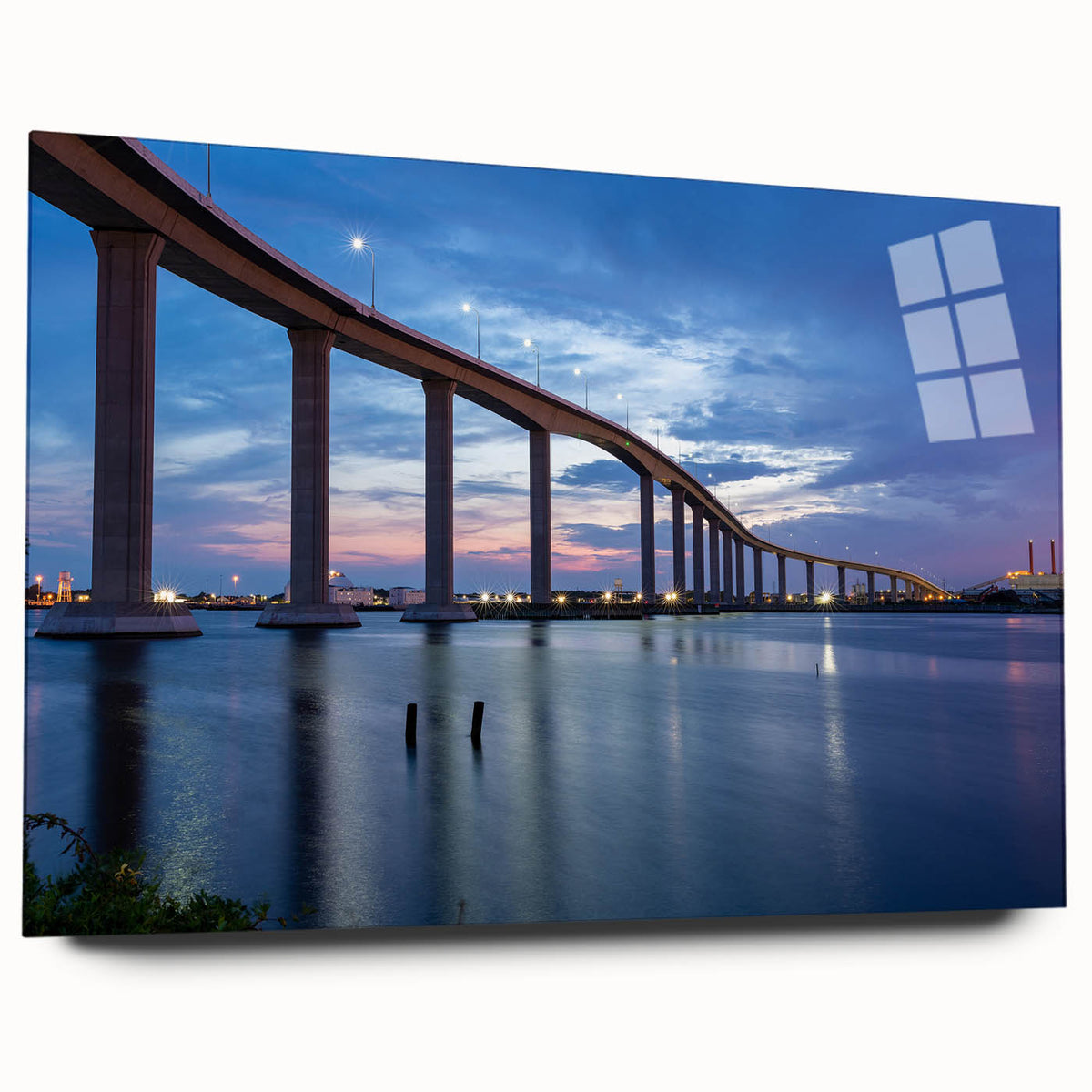 Large abstract wall art of Chesapeake Bay in muted blue and gray tones on acrylic glass.