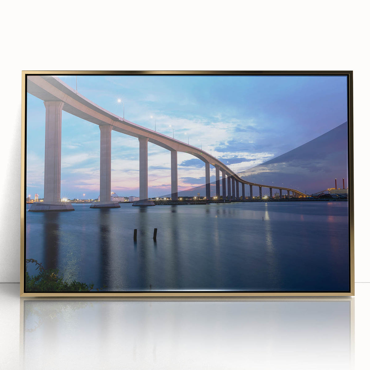 Acrylic print of Chesapeake Bay with soft gold and blue tones, framed in gold, suitable for modern art wall decor.