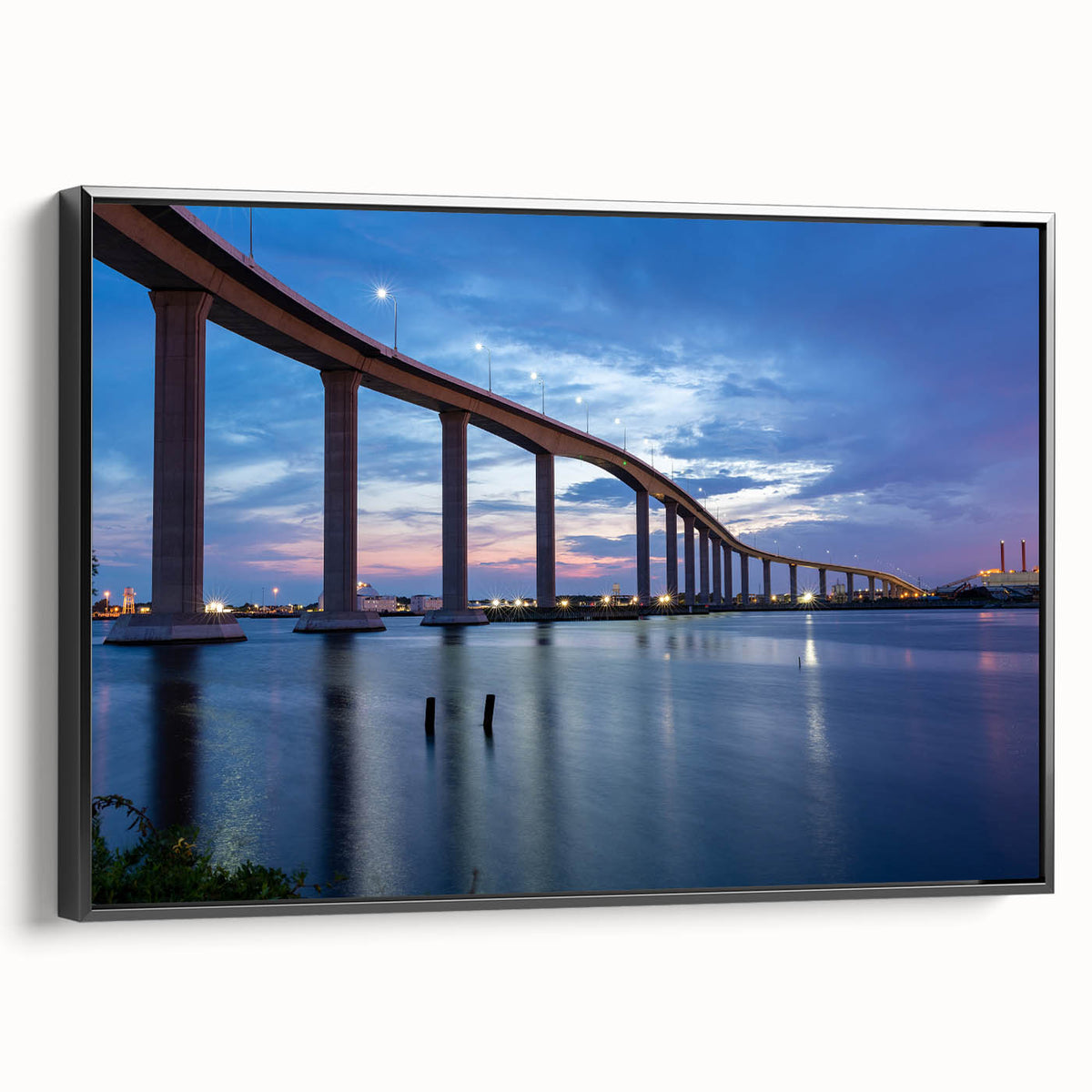 Black and white framed canvas of Chesapeake Bay landscape, ideal for bedroom wall decor.