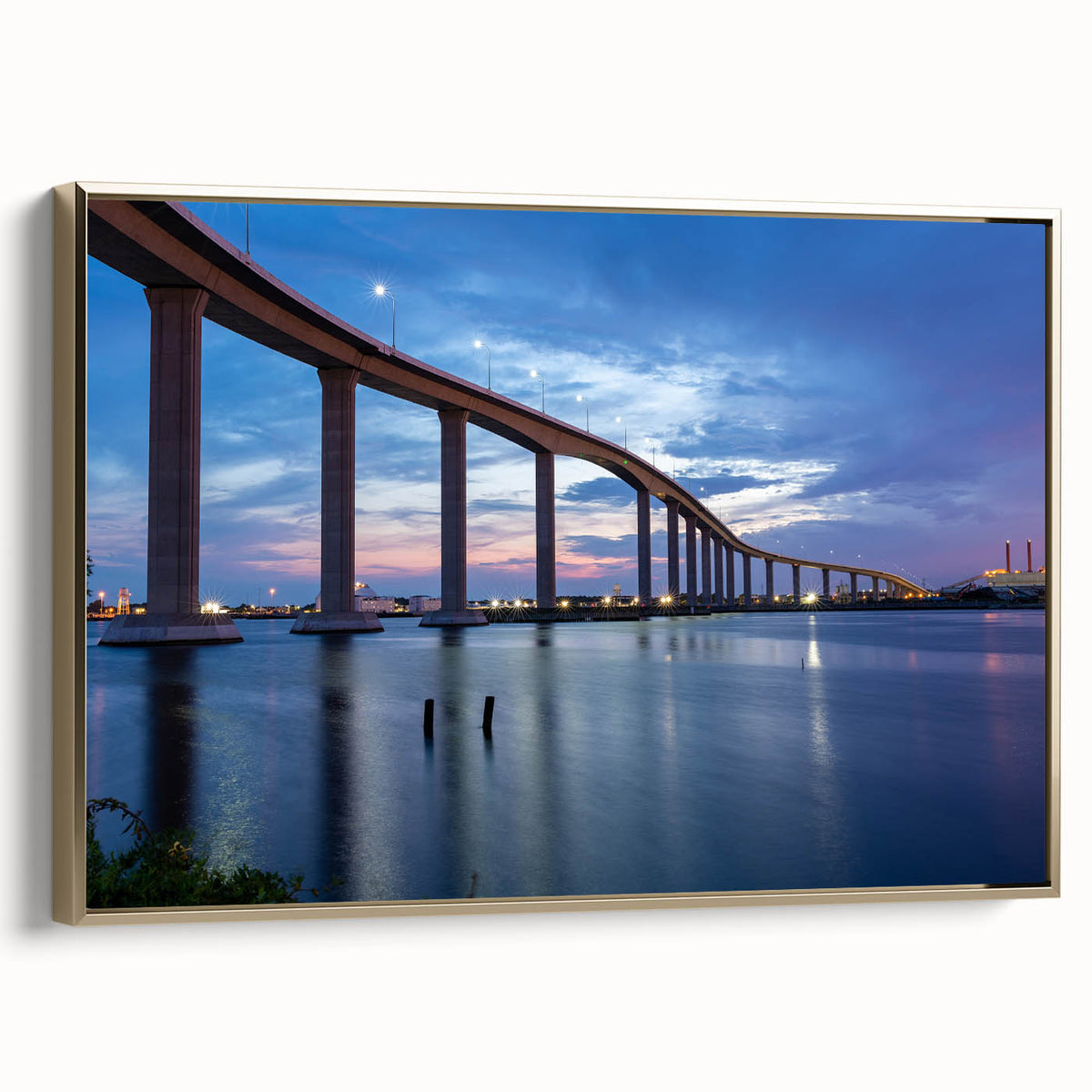 Framed canvas of Chesapeake Bay landscape in vintage style with a black and gold color palette, ideal for bedroom wall art.