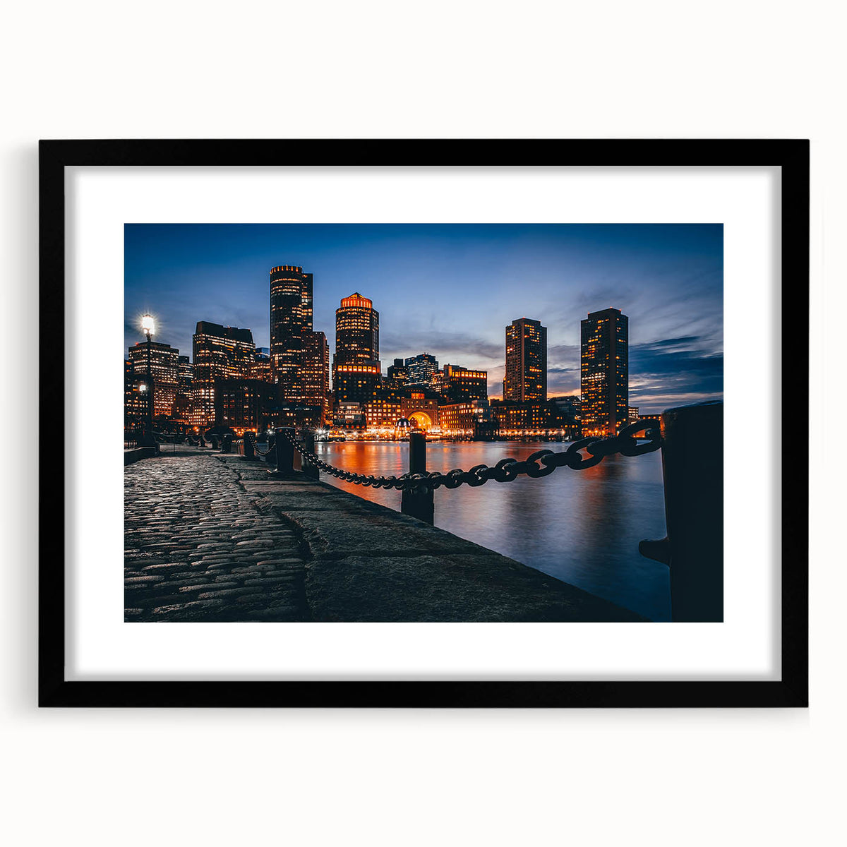 Extra large abstract art print of colorful, textured Boston skyline on black framed canvas, ideal for living room decor.
