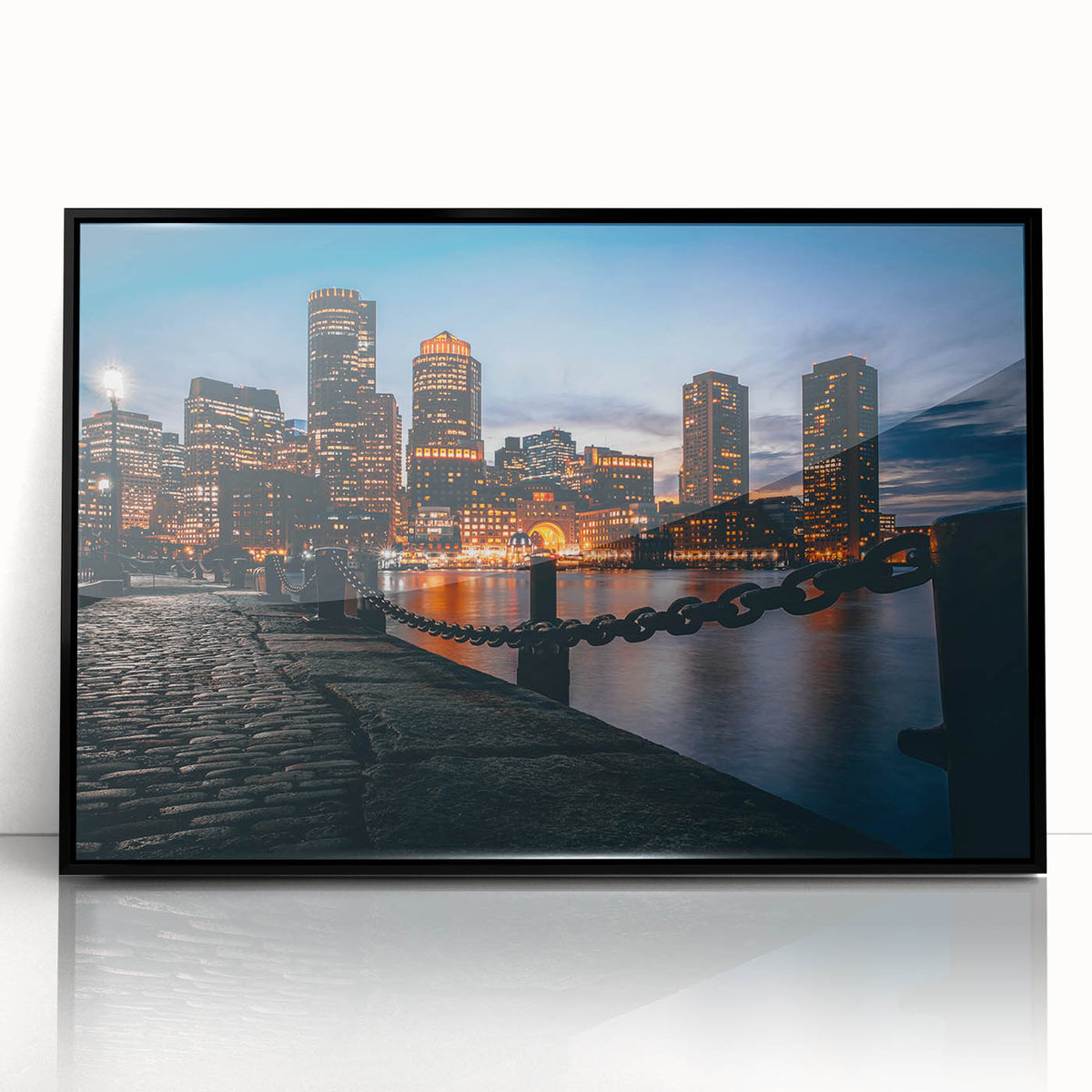 Large abstract wall art of Boston skyline in muted blue tones on a framed acrylic, ideal for modern living room decor.