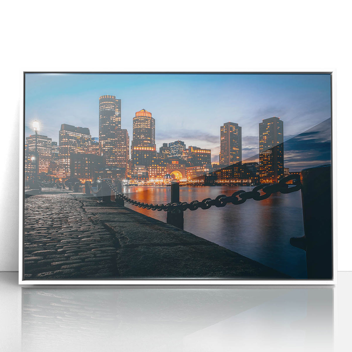 Acrylic print of Boston skyline in art deco style with muted blue and white tones, suitable for modern art wall decor.