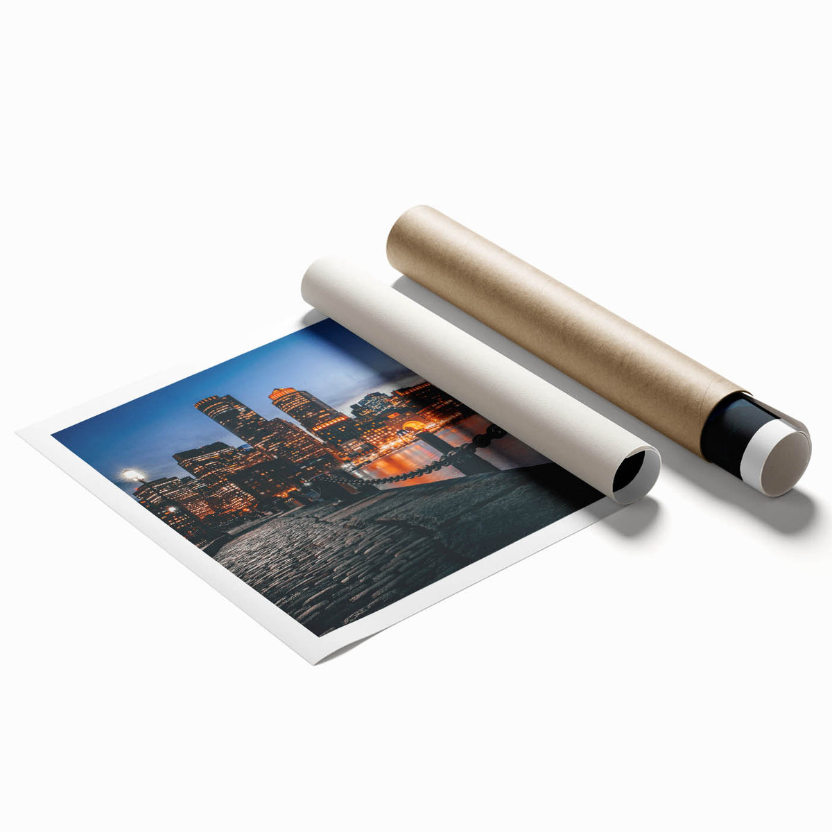 Extra large rolled print of Boston scenery with floral elements in muted colors, ideal for classy bathroom wall art.