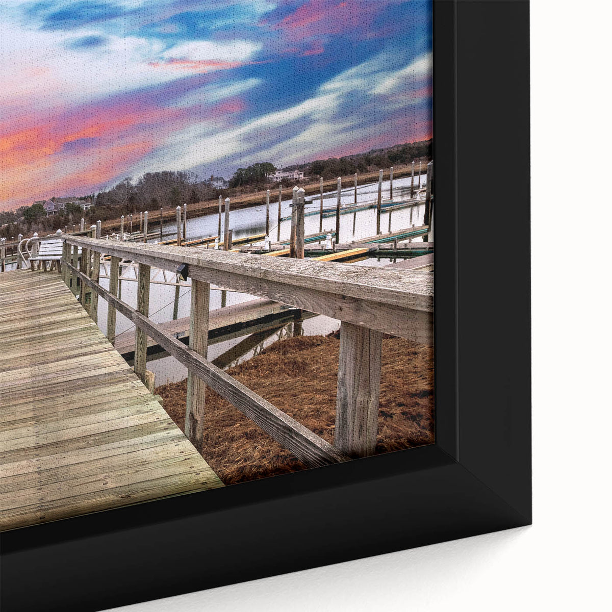 Framed canvas of a textured Massachusetts Cape scenery in black with colorful accents, suitable for large living room walls.