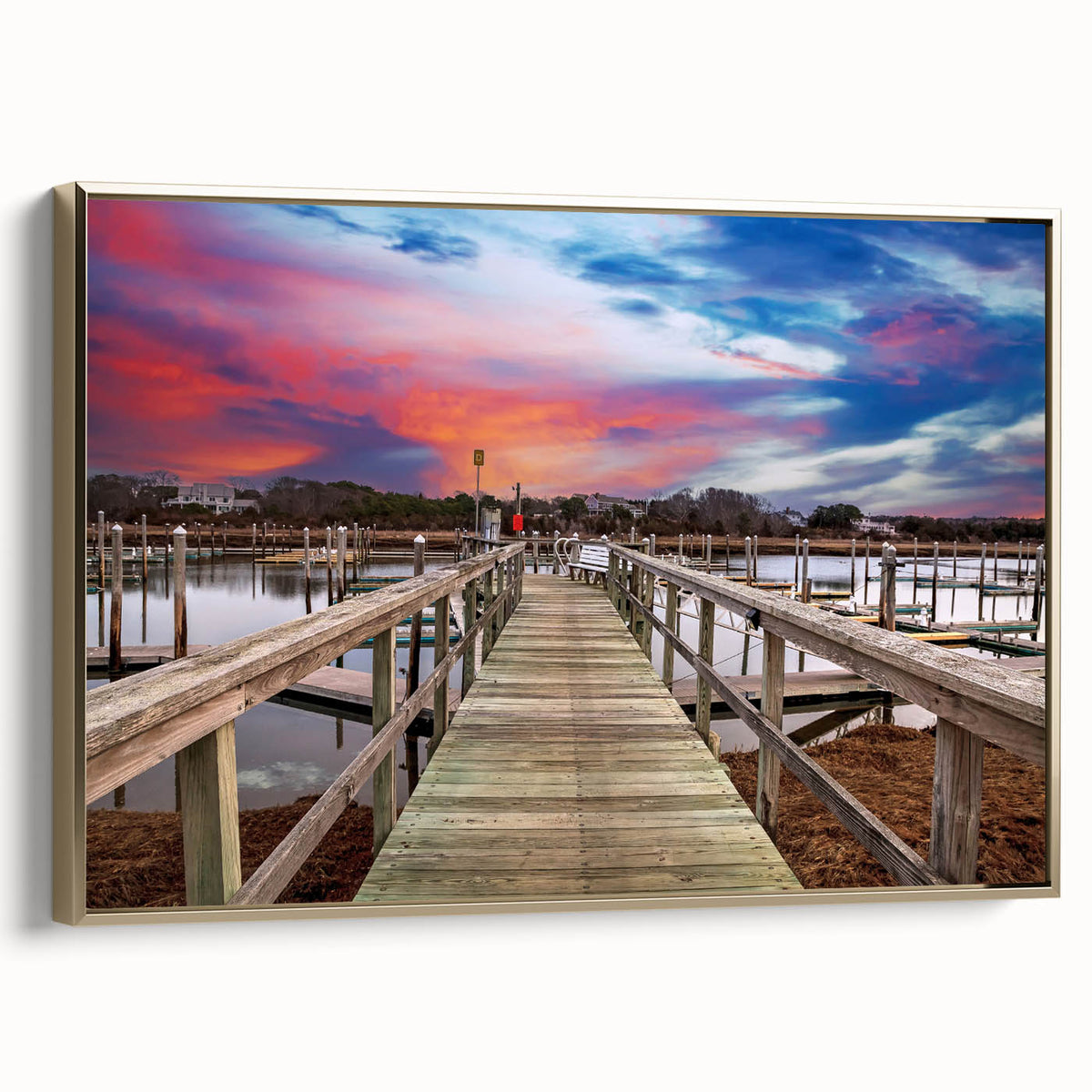 Framed canvas depicting a vintage-style Massachusetts landscape in muted gold and black tones, suitable for bedroom wall art.