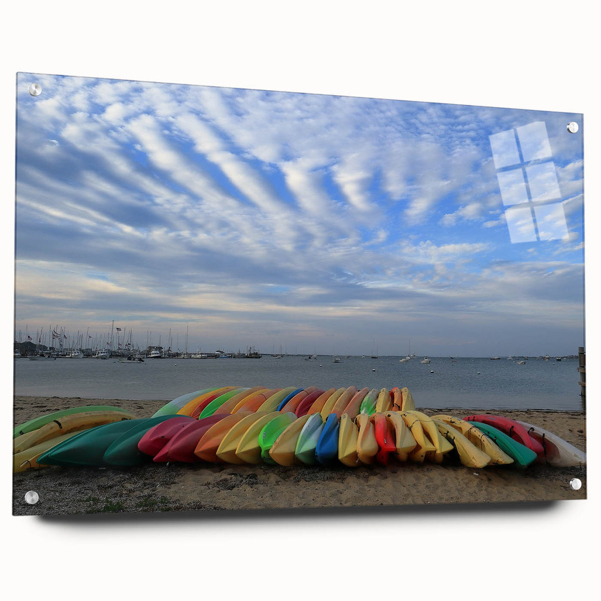 Acrylic print of a serene Nantucket landscape in soft blue and green tones, perfect for dining room decor.