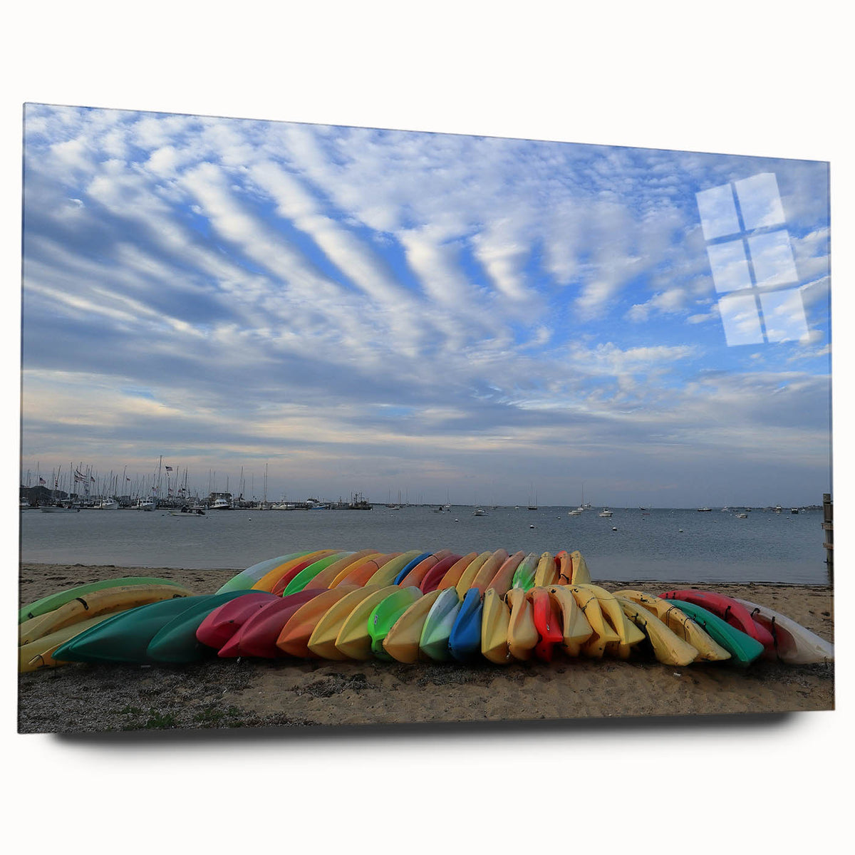 Large abstract wall art of Nantucket scenery in muted blue and green hues on acrylic glass.