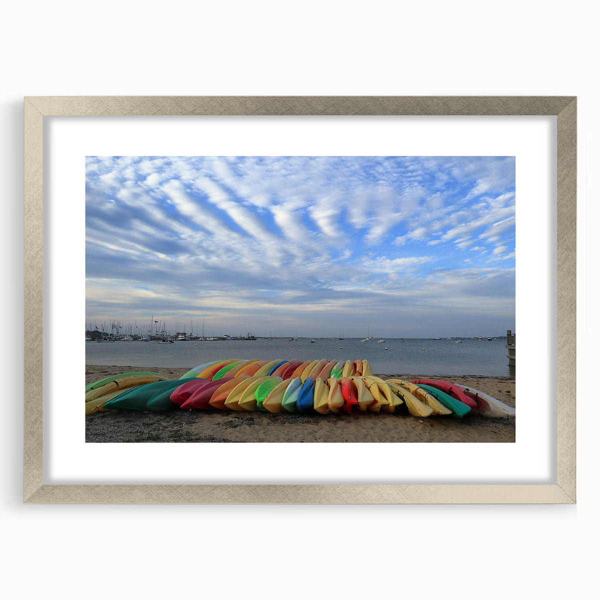 Textured abstract art print of a Massachusetts Nantucket scenery in muted earth tones, framed in silver.