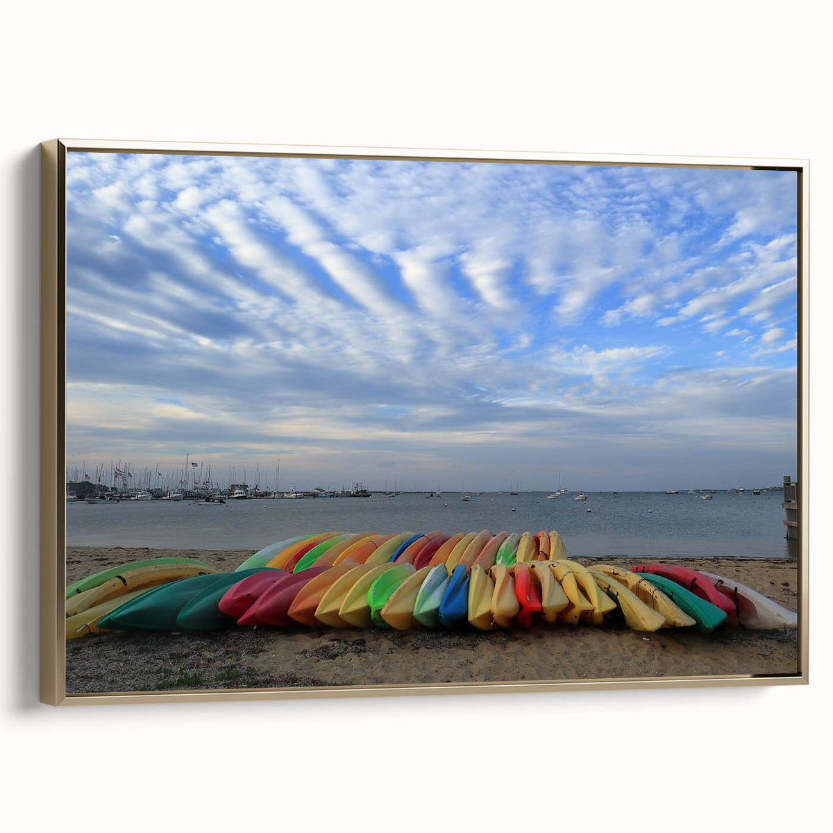 Framed canvas depicting a vintage-style Nantucket landscape in black and gold tones, ideal for bedroom wall art.