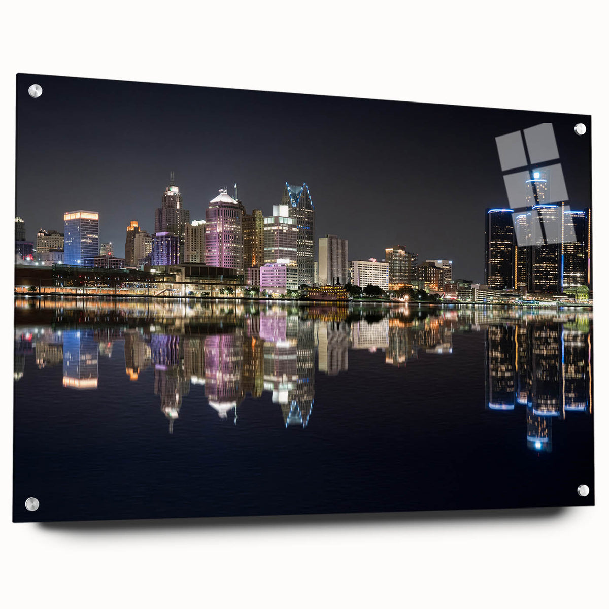 Acrylic print of a large abstract depiction of Detroit skyline in muted gray and blue tones.
