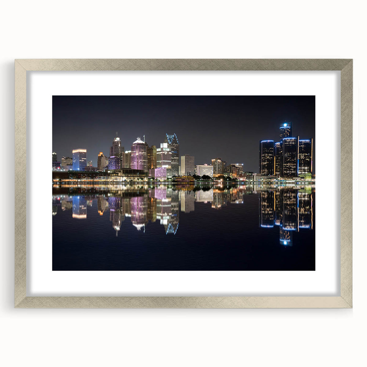 Textured abstract art print of Detroit skyline in muted gray and silver tones on a framed canvas, ideal for bedroom art.