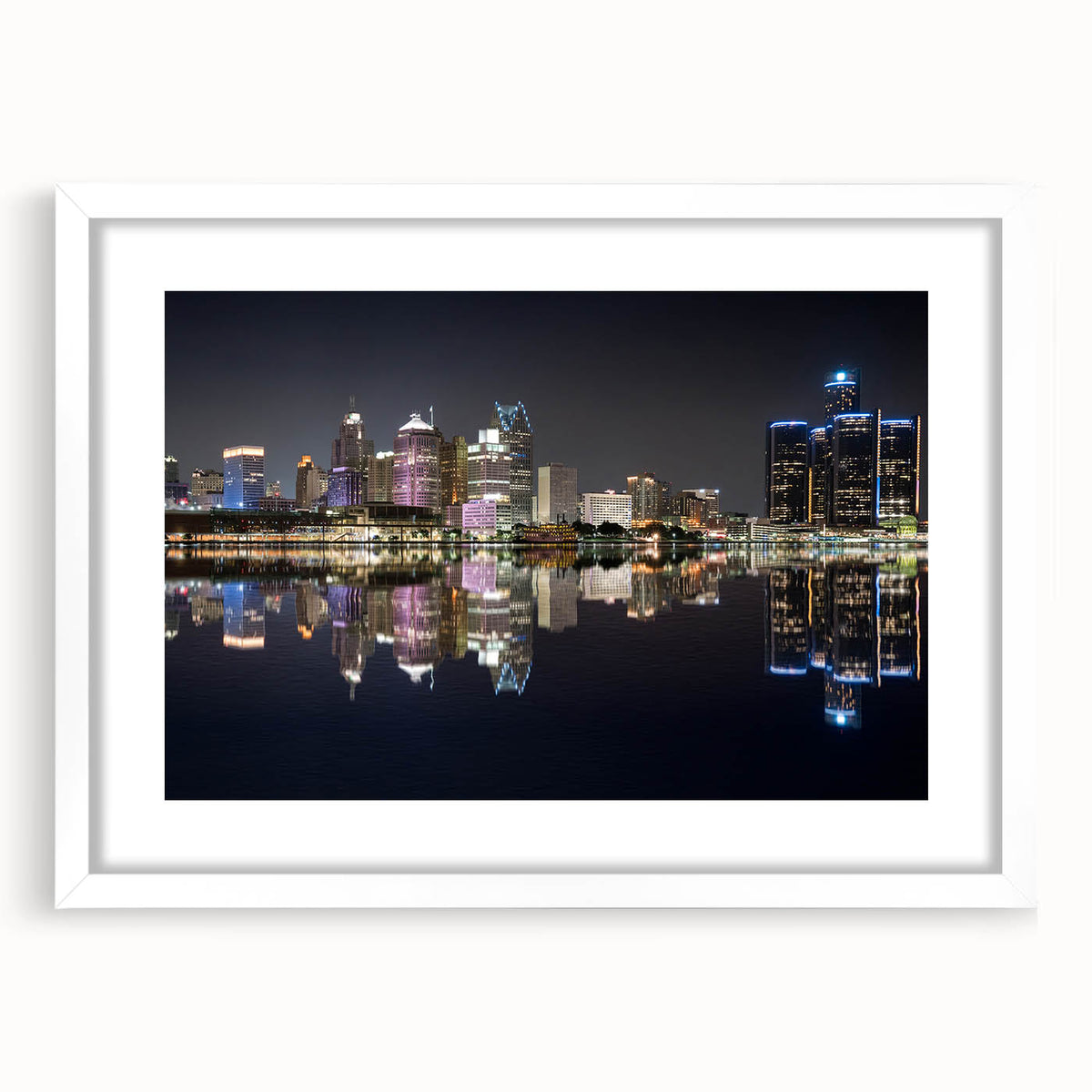 Abstract art print of Detroit skyline in muted gray and blue tones on a framed white mat, suitable for dining room decor.