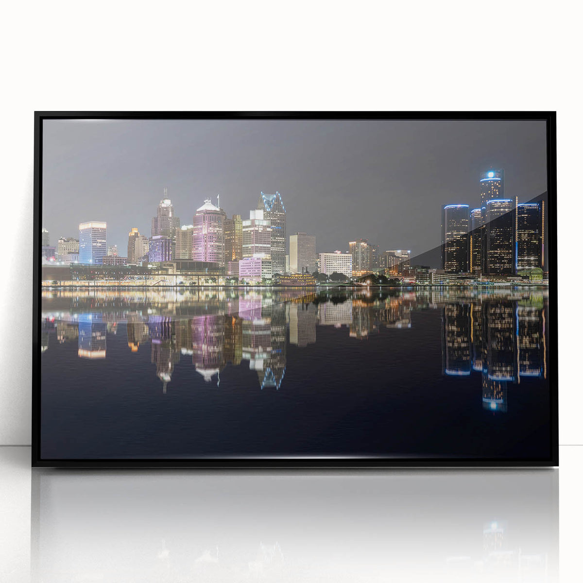 Large abstract wall art of Detroit skyline in muted gray tones on framed acrylic, suitable for modern living room decor.