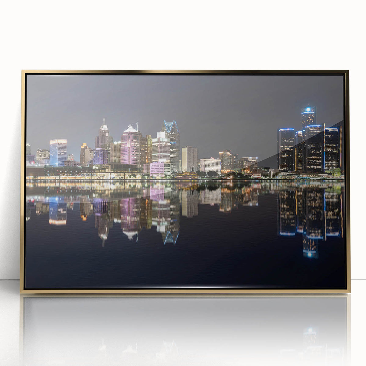 Large art print of Detroit skyline in muted gold and gray tones on framed acrylic, ideal for modern art wall decor.