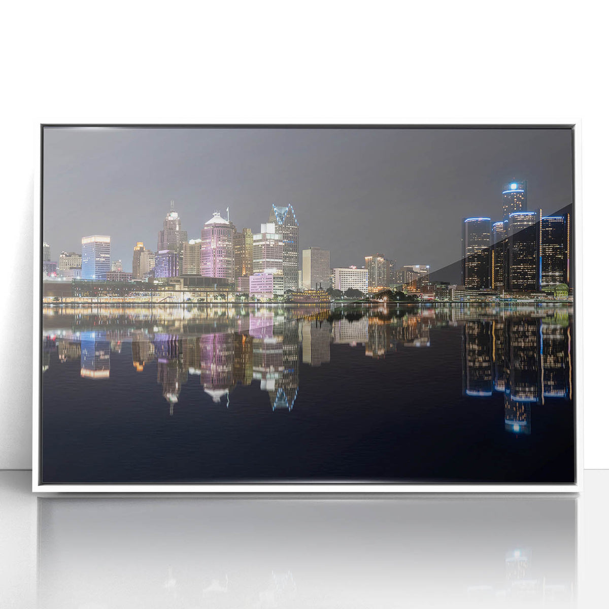 Art Deco poster of Detroit skyline in muted gray and blue tones on a white framed acrylic.