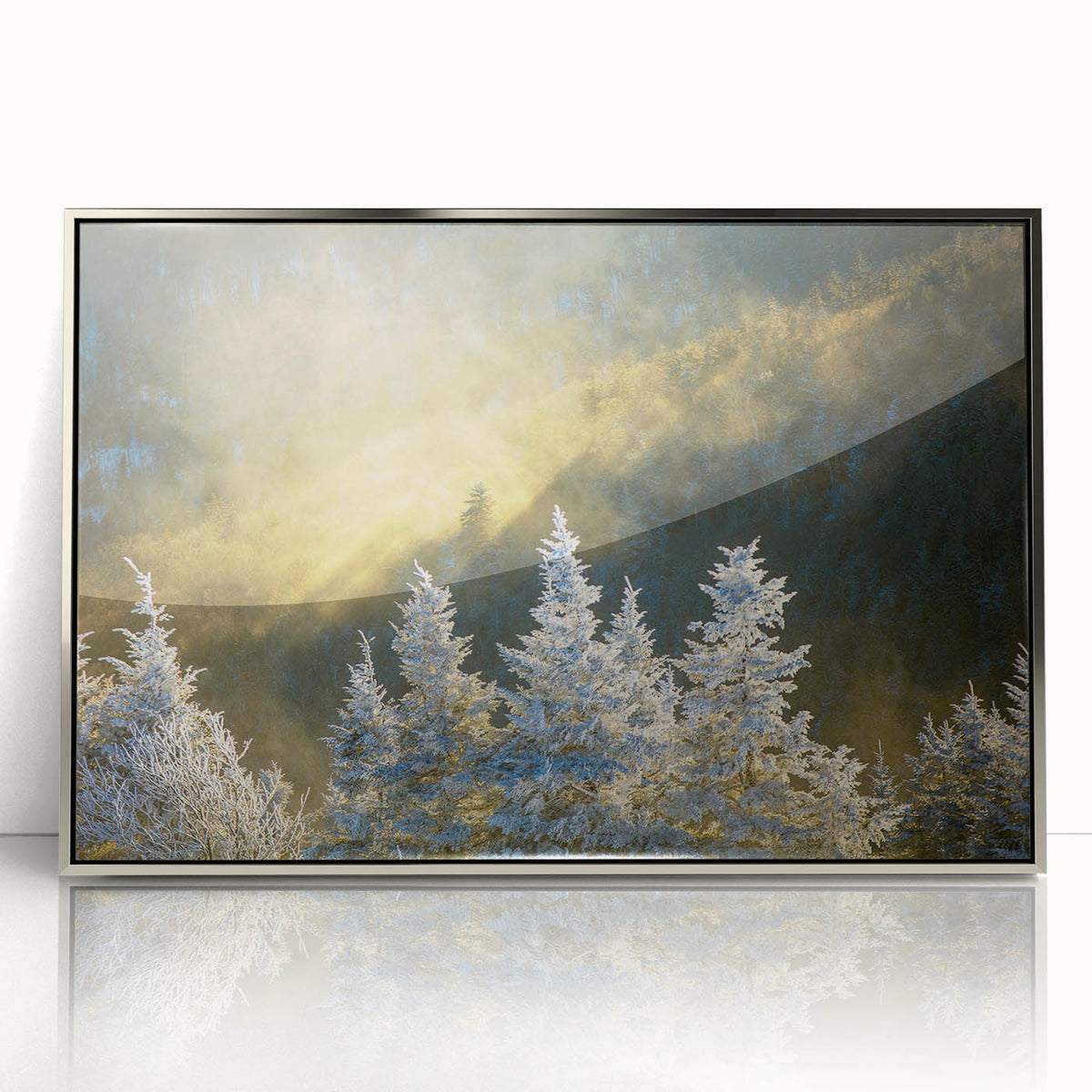 Mid-century modernist art depicting the Blue Ridge Mountains in muted blue and green tones on a framed acrylic print.