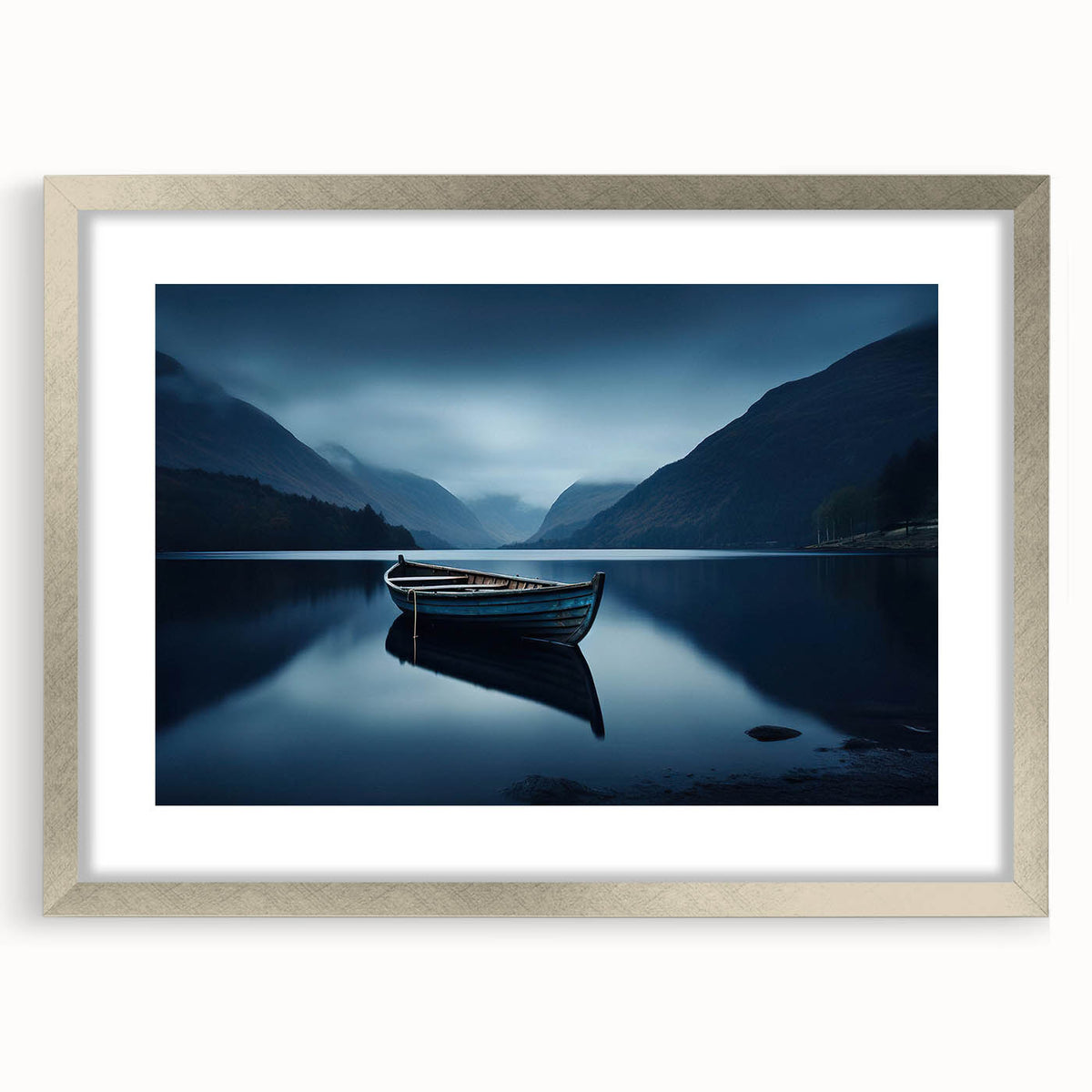 Textured abstract art print of Adirondacks scenery in muted earth tones, framed in silver, ideal for bedroom art.