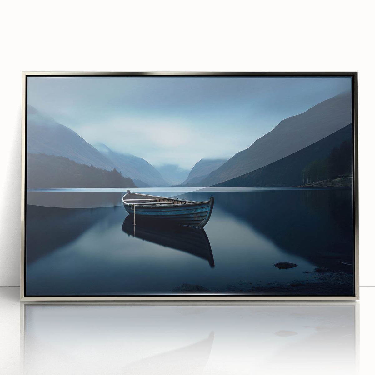 Mid-century modernist art of Adirondacks scenery in silver framed acrylic, with muted earth tones.