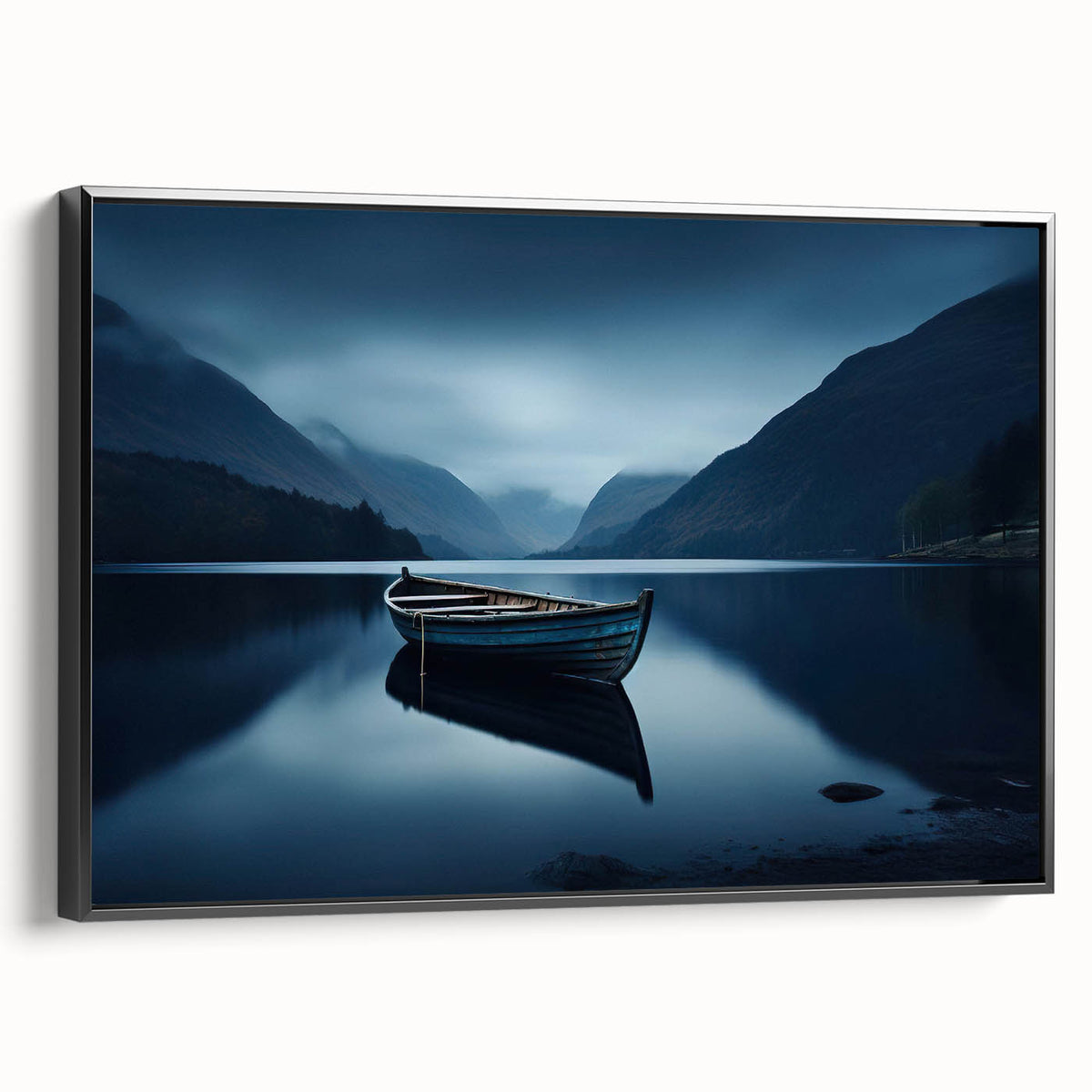 Black and white landscape art painting of the Adirondacks on a framed canvas, suitable for bedroom wall decor.