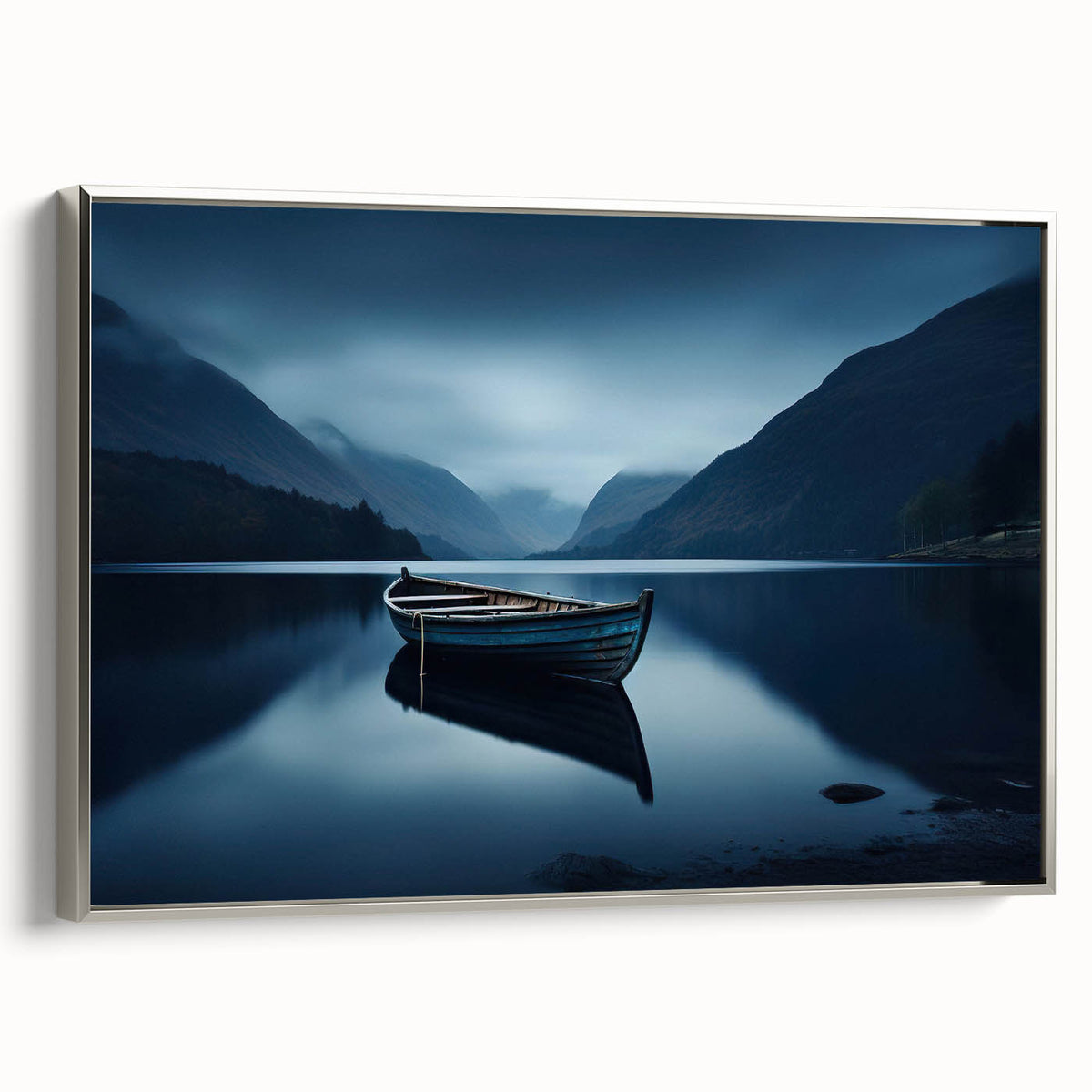 Framed canvas of a vintage-style landscape art painting featuring the Adirondacks in muted colors.