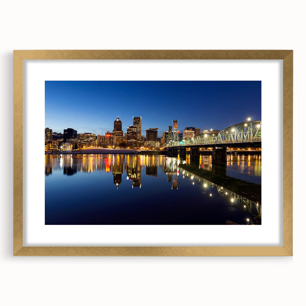Extra large abstract art print of Portland, Oregon in textured shades of blue and gray, framed in gold.