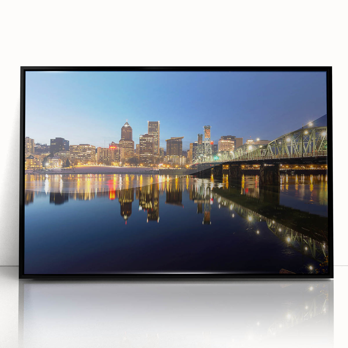 Large abstract wall art depicting the Portland, Oregon skyline in muted grays and blues on a framed acrylic print.