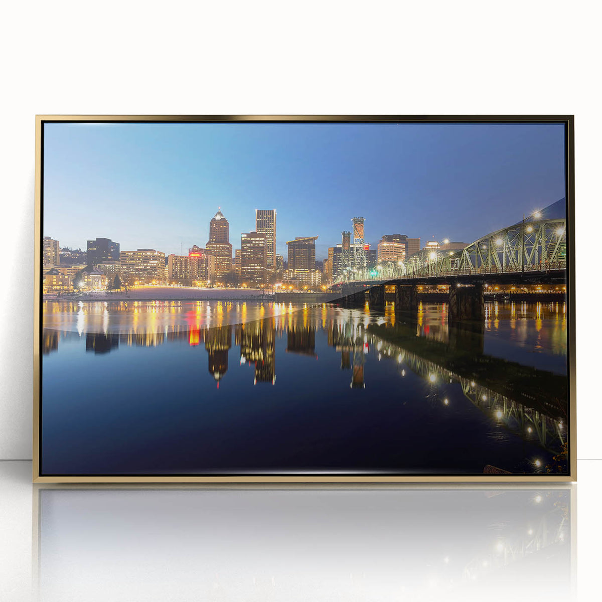 Mid-century modernist Portland, Oregon scenery on a gold-framed acrylic, featuring soft earth tones.
