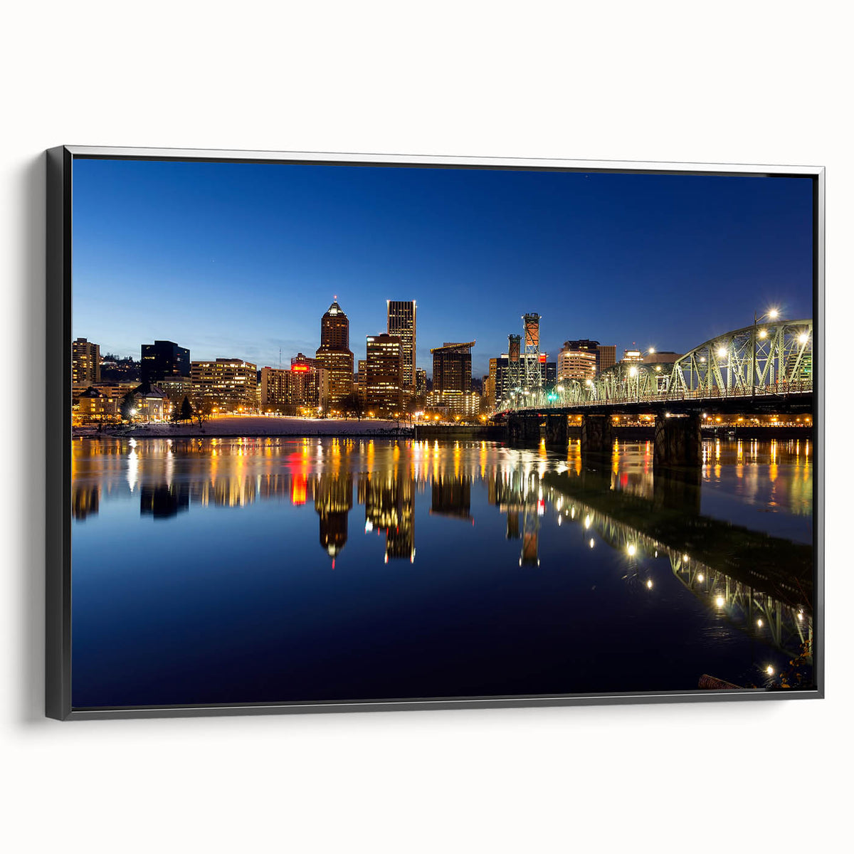 Black and white landscape art painting of Portland, Oregon on framed canvas, ideal for bedroom wall decor.