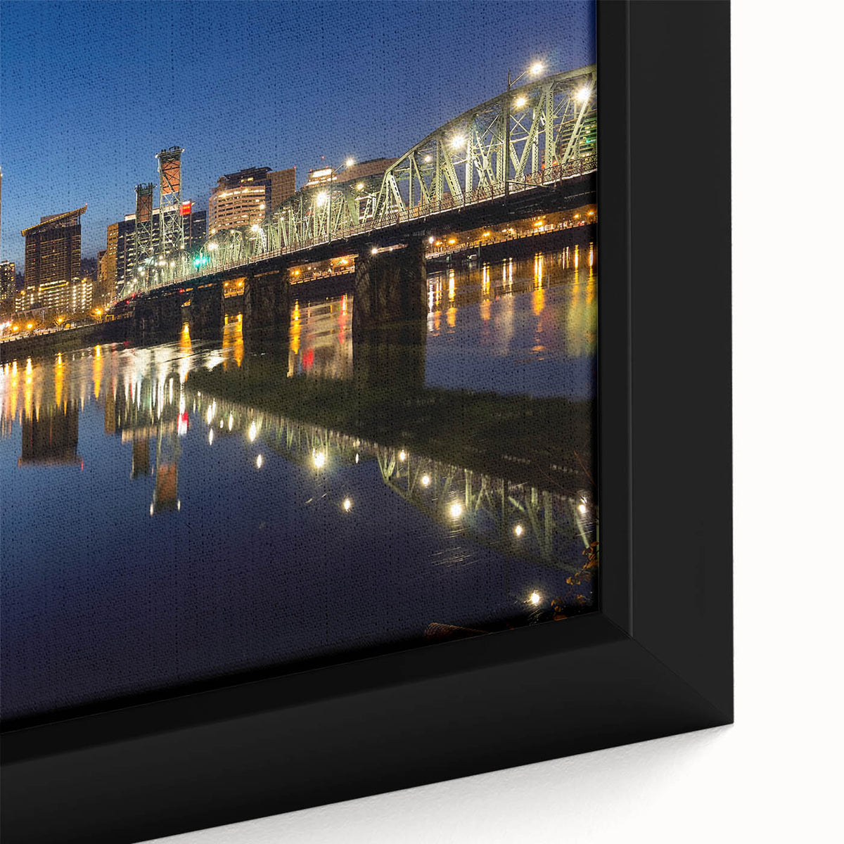 Extra large framed canvas of a textured Portland, Oregon skyline in black with colorful accents, ideal for living room decor.