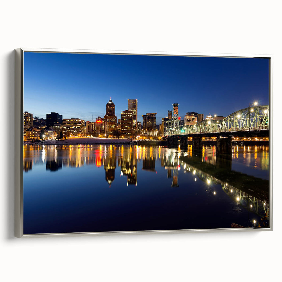 Landscape art painting of Portland, Oregon, featuring colorful art on a silver-framed canvas, ideal for a modern living room.
