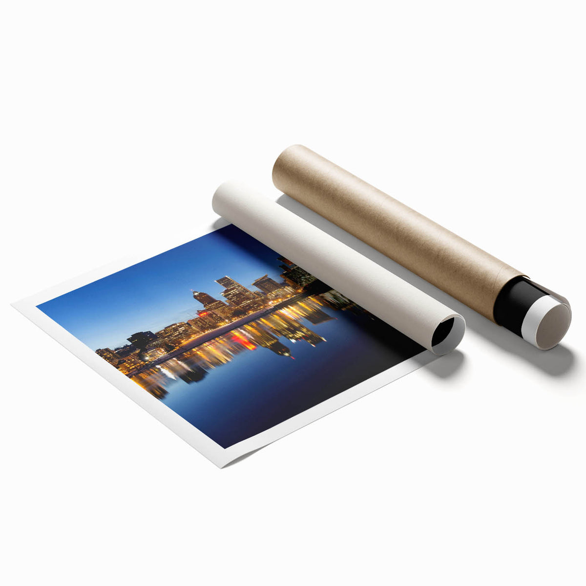 Extra large rolled print of Portland, Oregon scenery with vibrant green floral elements, ideal for classy bathroom wall art.